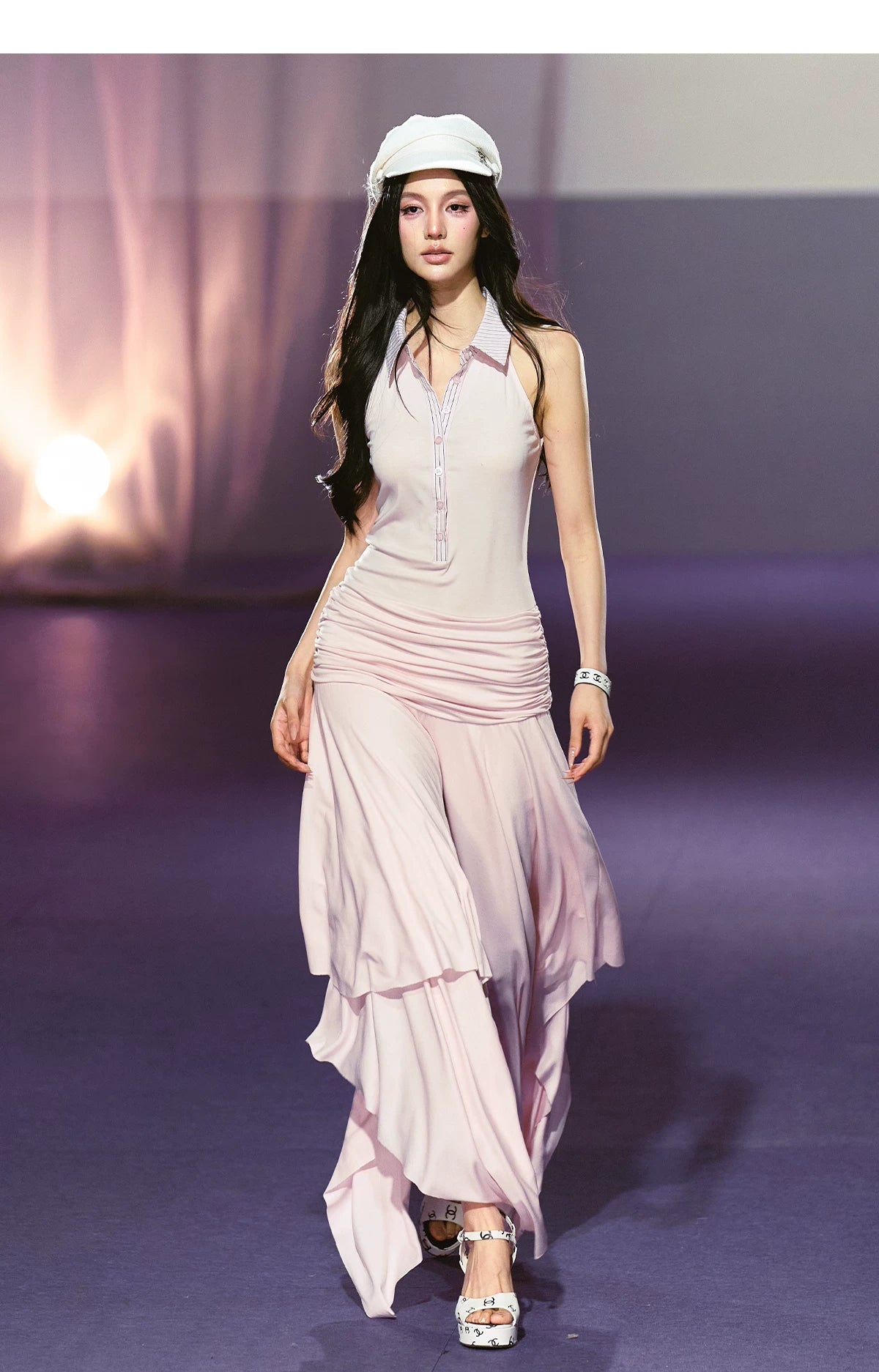 Vintage-Inspired Irregular Hem Shirt-Collar Sleeveless Maxi Dress