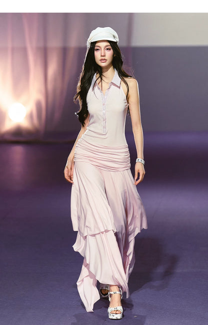 Vintage-Inspired Irregular Hem Shirt-Collar Sleeveless Maxi Dress