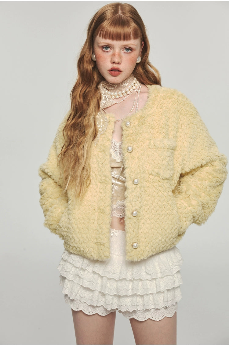 Yellow Faux Fur Casual Crop Coat - CHINASQUAD