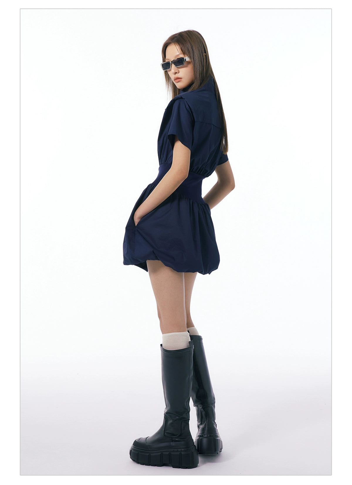 Beige &amp; Navy Blue Stand Collar Mini Dress - CHINASQUAD