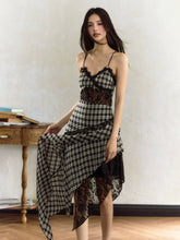 Black & White Plaid Lace Splicing Suspender Midi Dress - CHINASQUAD