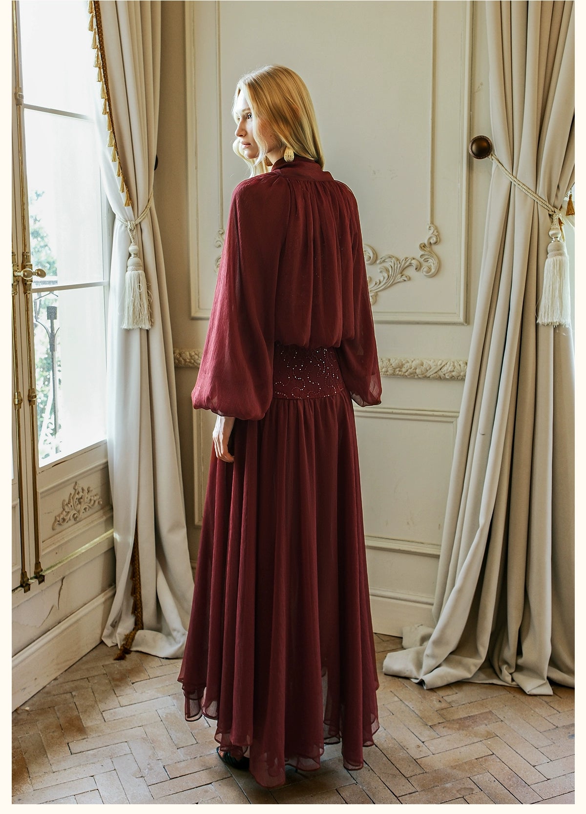 Milena Chiffon Lace Lantern Sleeve Midi Dresse