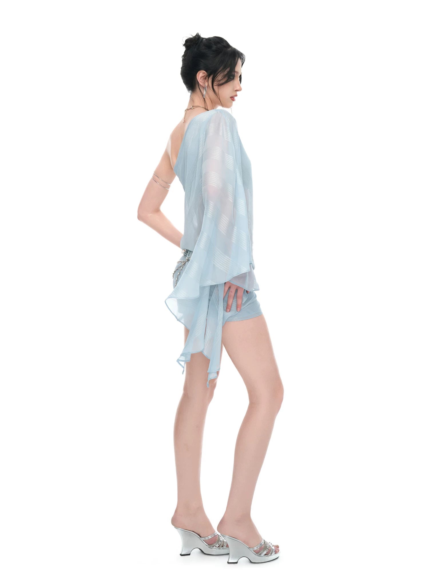 Ice Blue Asymmetric Shimmer Chiffon Bodycon Dress