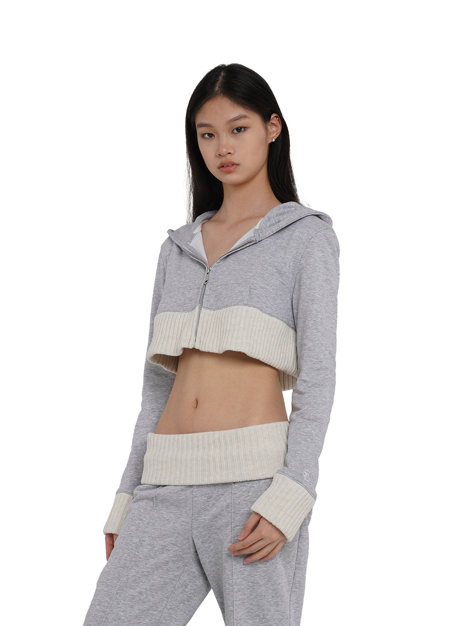 Gray Patchwork Cropped Hoodie