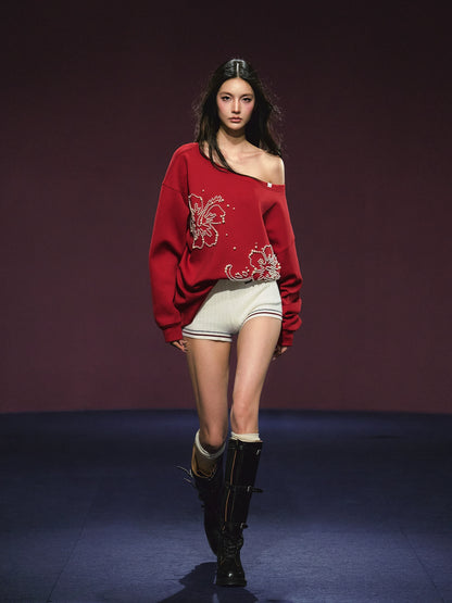 Beaded Off-shoulder Silhouette Sweatshirt