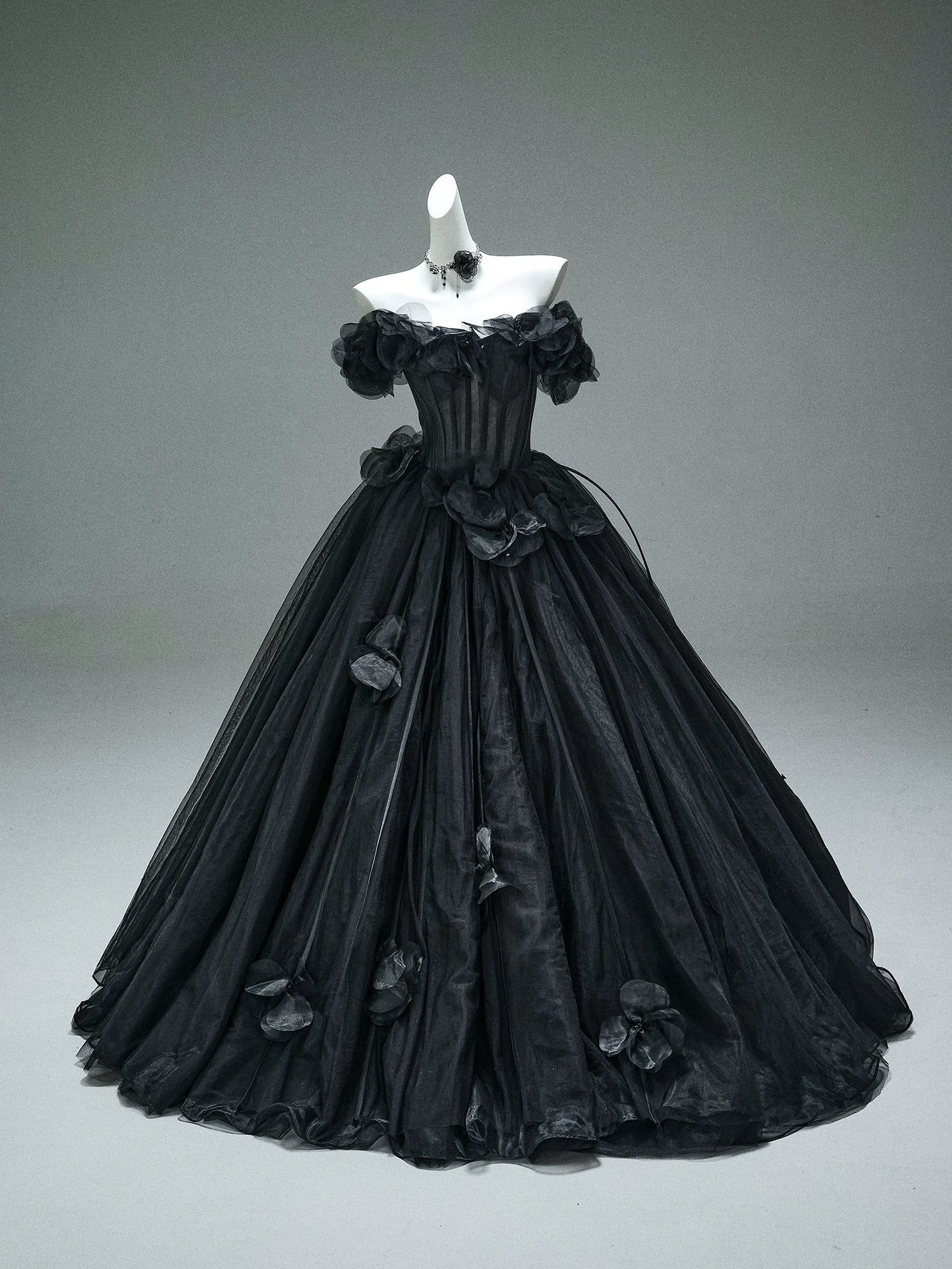 Nightfall Black Tulle Ball Gown with Floral Accents