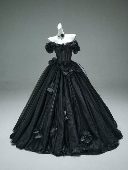 Nightfall Black Tulle Ball Gown with Floral Accents