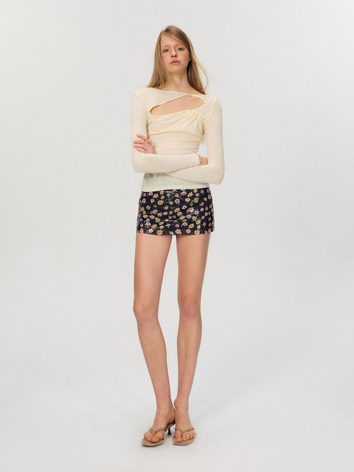 Sheer Textured Cut-Out Long Sleeve Top