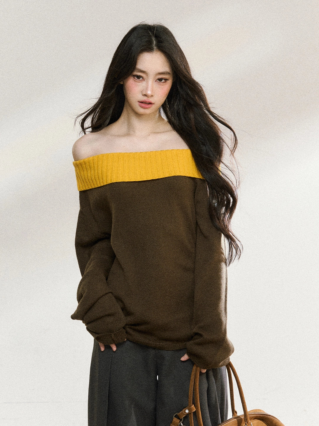 Two-Tone Asymmetric Off-Shoulder Knit Sweater