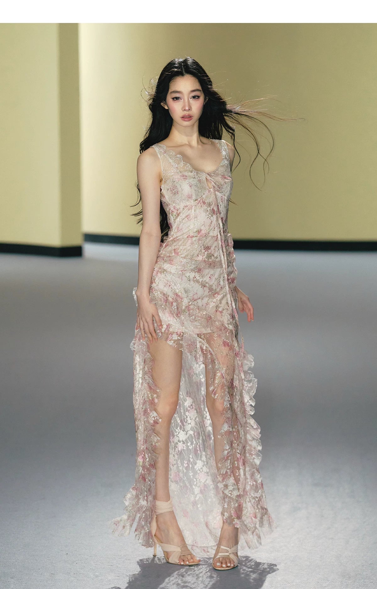 Misty Blush Lace-Panel Slip Maxi Dress