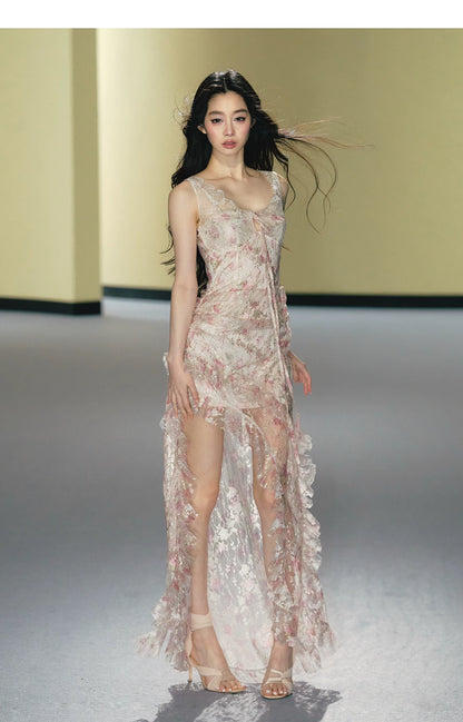 Misty Blush Lace-Panel Slip Maxi Dress