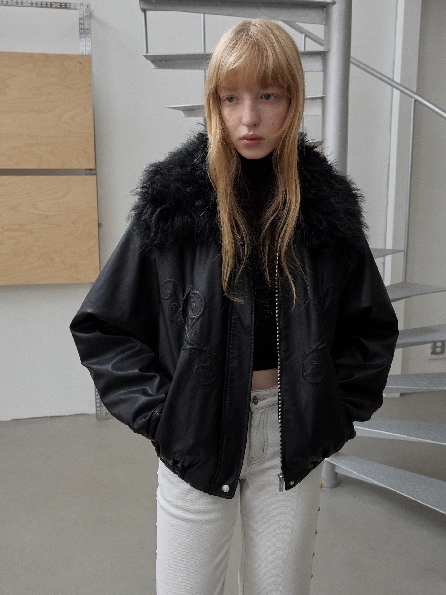 Embossed Faux Leather Puffer Detachable Fur Collar Jacket