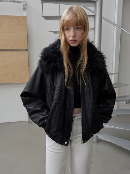 Embossed Faux Leather Puffer Detachable Fur Collar Jacket