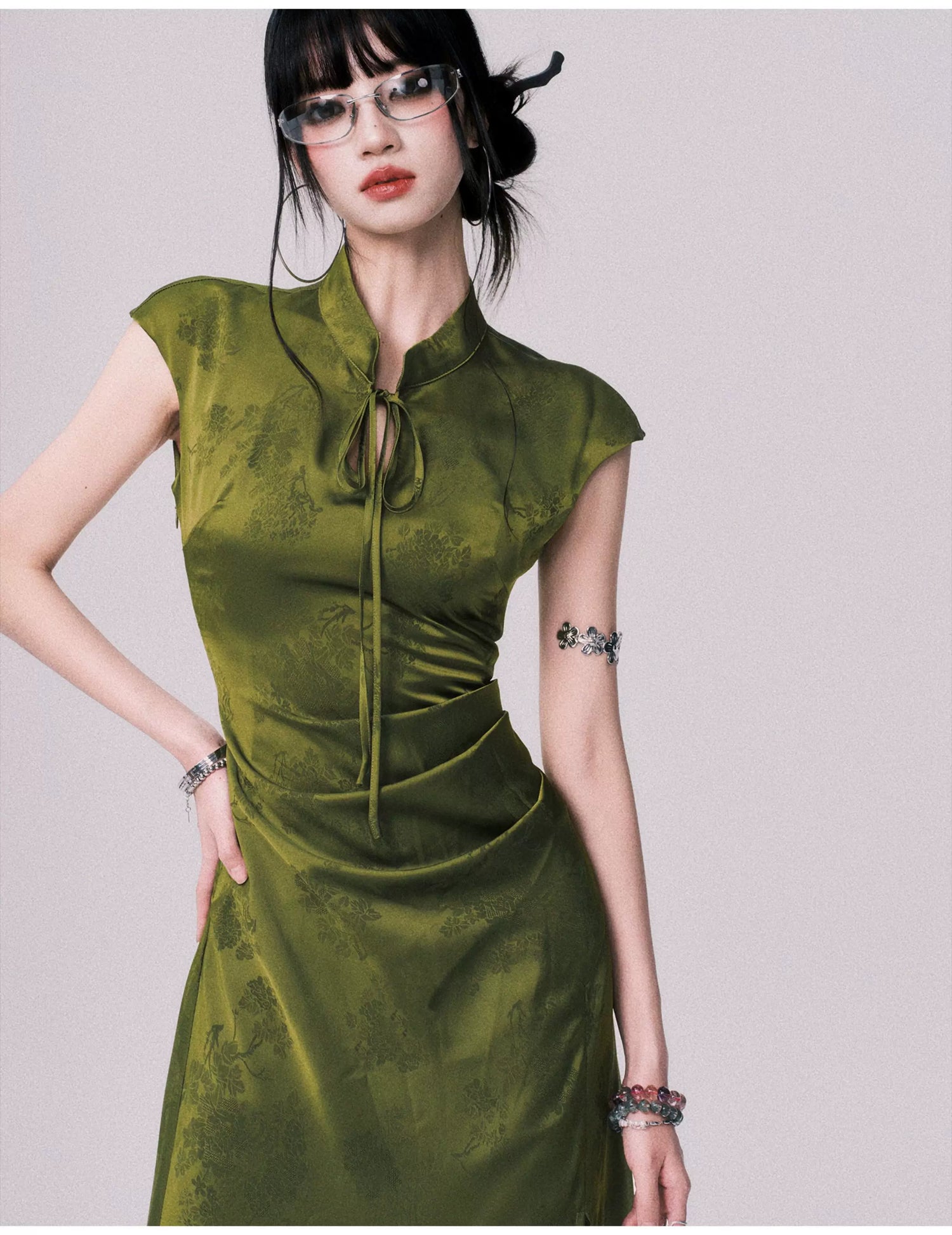 Chinese-Style Slit Cheongsam Maxi Dress Green / XS