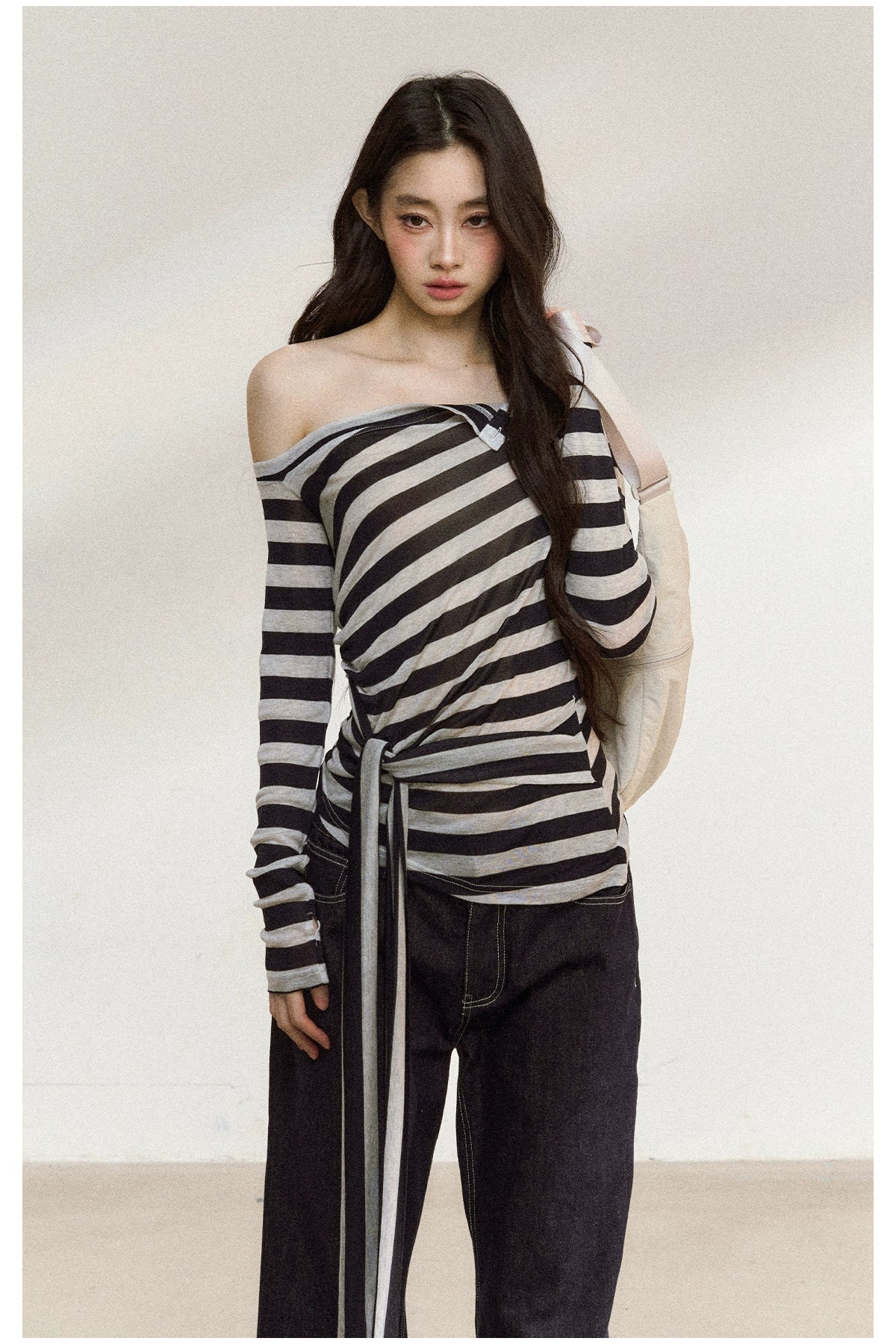 Asymmetric Stripe Off-Shoulder Tie Blouse