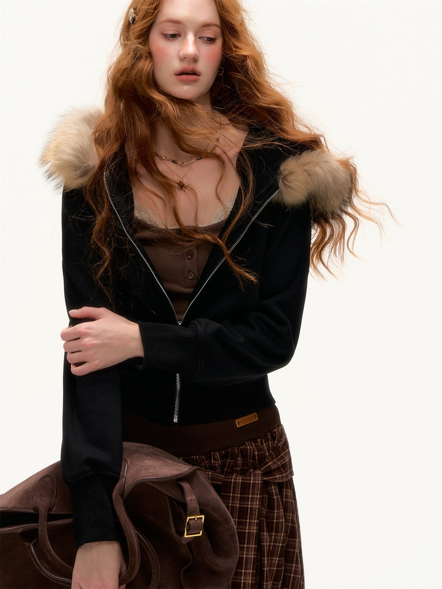 Vintage Faux Fur Collar Fitted Short Jacket