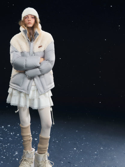 Shearling-Panel Stand-Collar Down Jacket