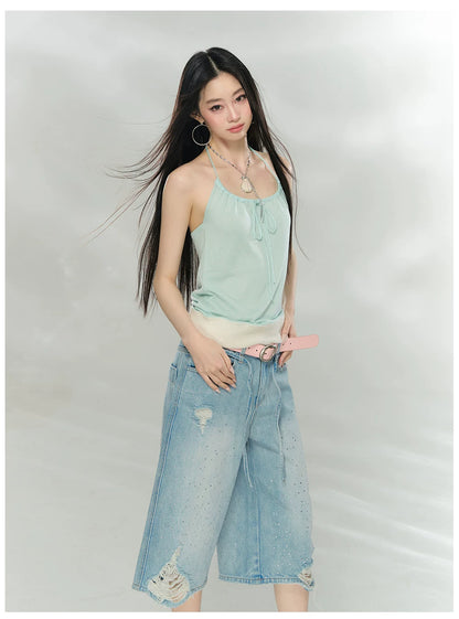 Crystal Distressed Cropped Straight-Leg Denim Jeans