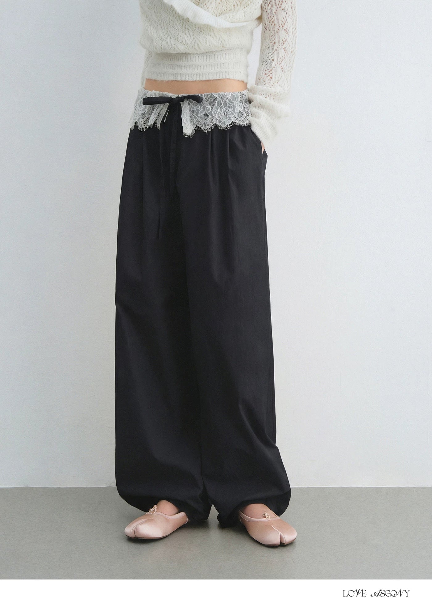 Lace Panel Drawstring Waist Wide-Leg Casual Pants