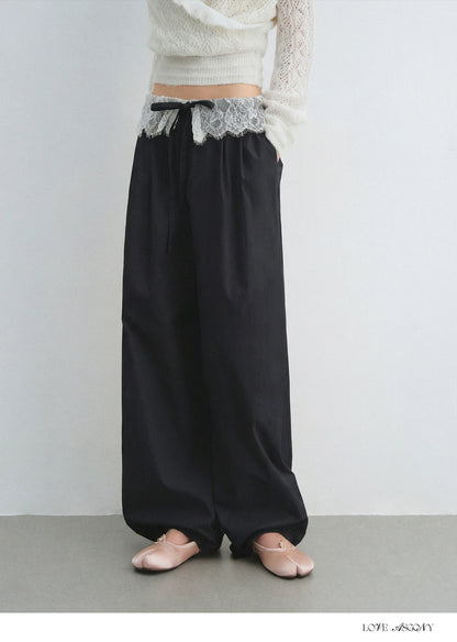 Lace Panel Drawstring Waist Wide-Leg Casual Pants