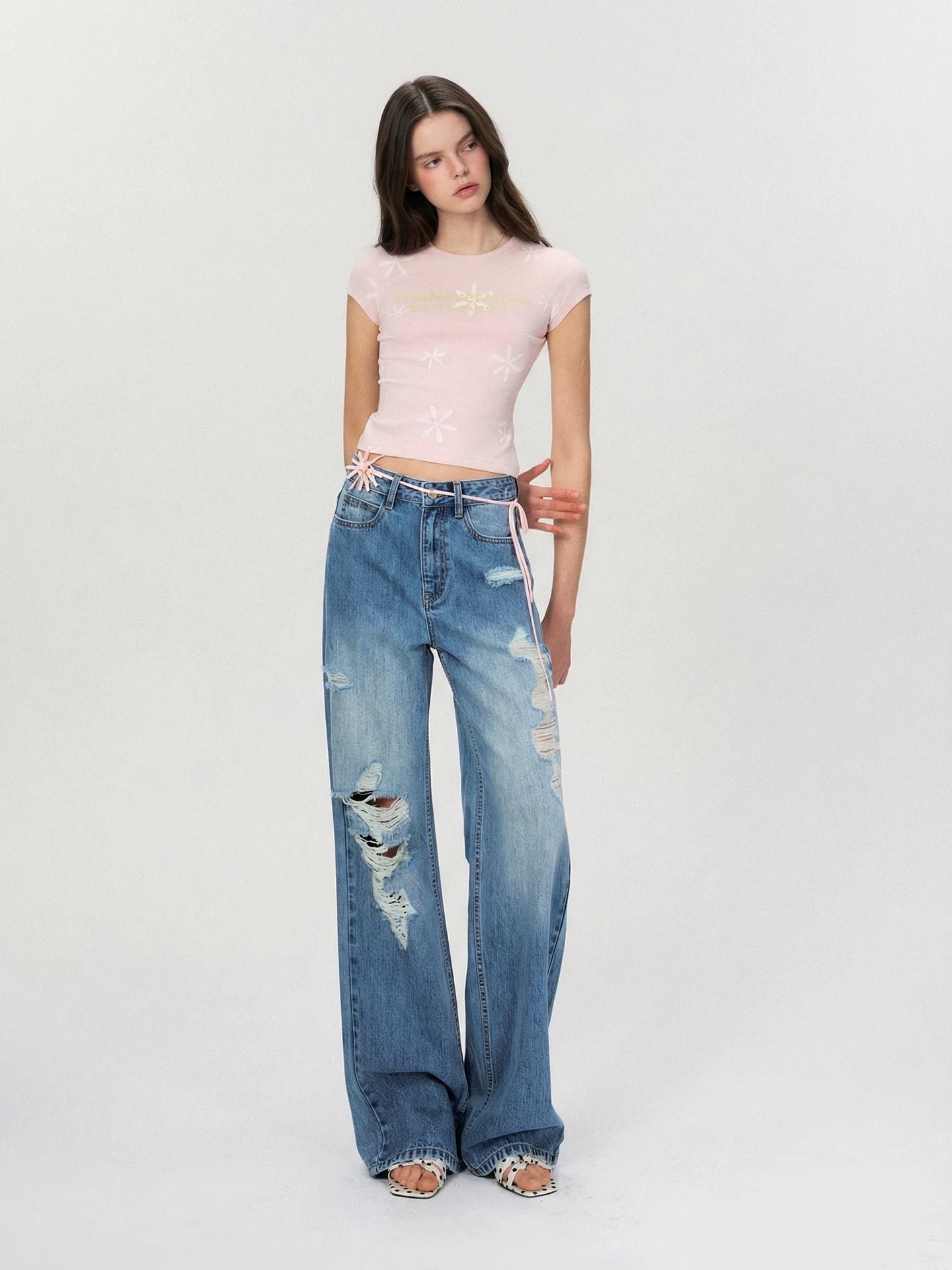 Vintage Contrast Floral Slim-Fit Cropped T-Shirt