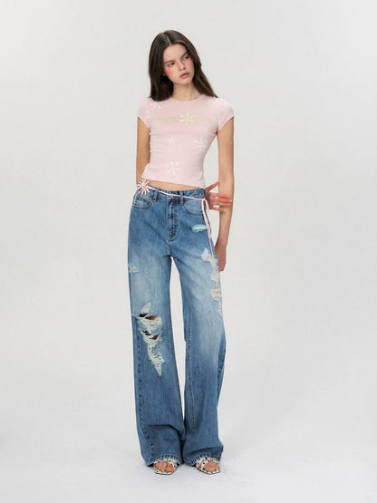 Vintage Contrast Floral Slim-Fit Cropped T-Shirt