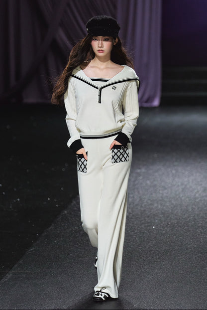 Sailor V-neck pullover &amp; Quilted Straight Pants Set