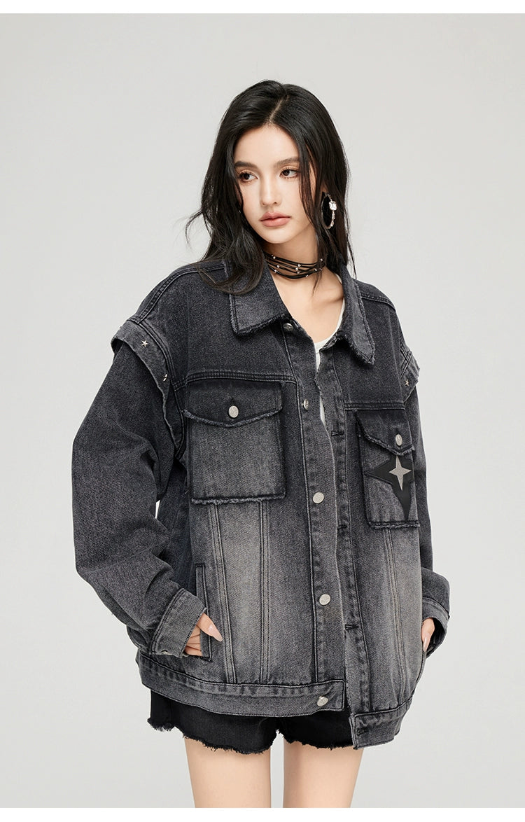 Washed Turn-down Collar Denim Jacket - CHINASQUAD