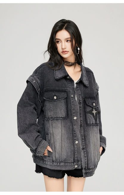 Washed Turn-down Collar Denim Jacket - CHINASQUAD