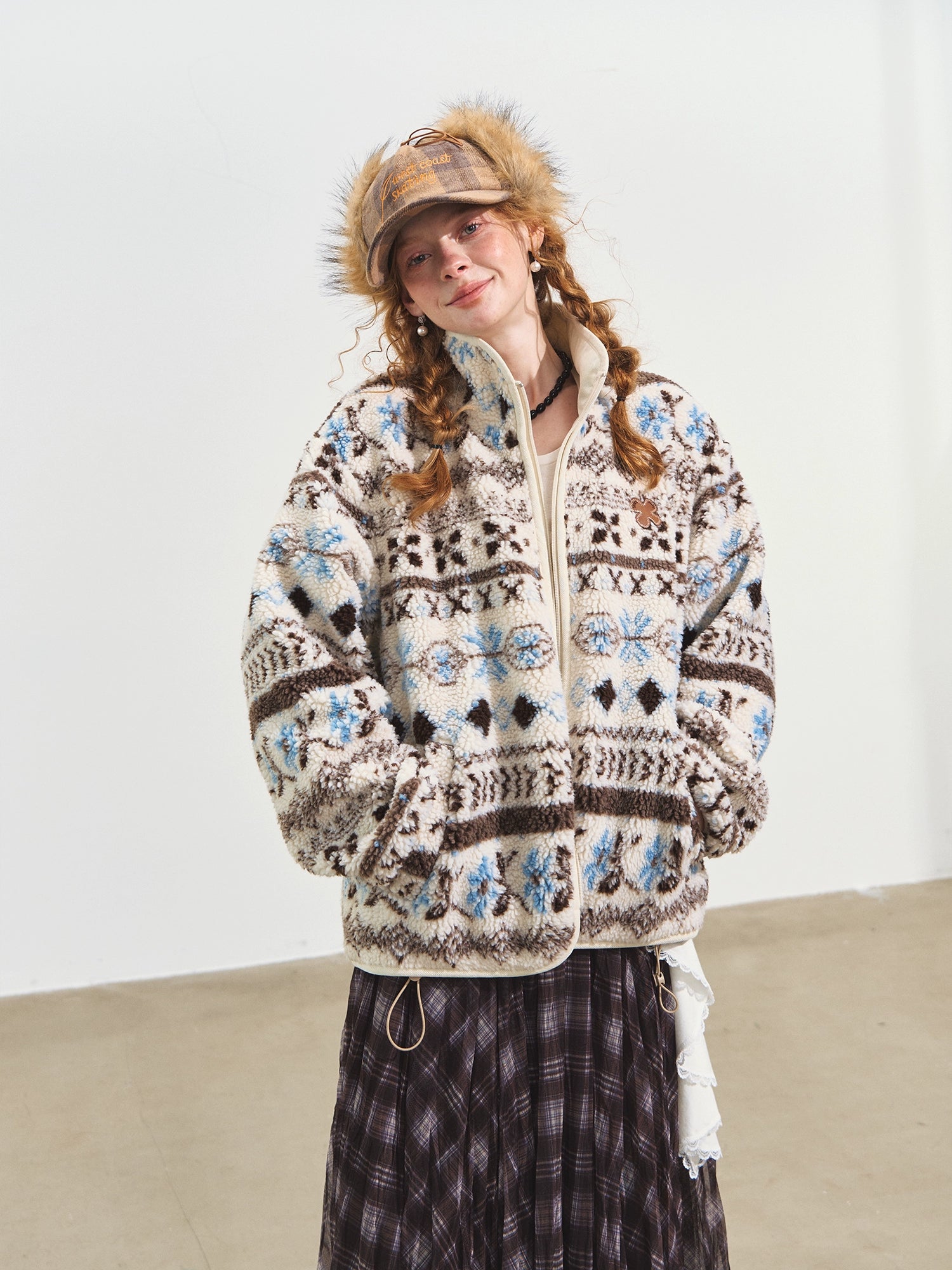 Jacquard Fleece High-Neck Oversized Jacket