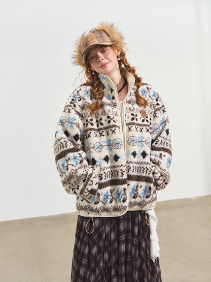 Jacquard Fleece High-Neck Oversized Jacket