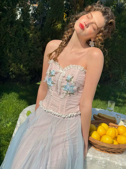 Blue Lily Strapless Corset Top &amp; Mesh Skirt Set