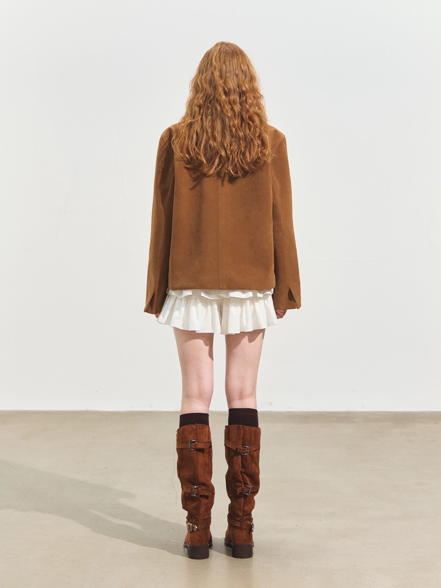 Velvet-Textured Peter Pan Collar Leather Jacket
