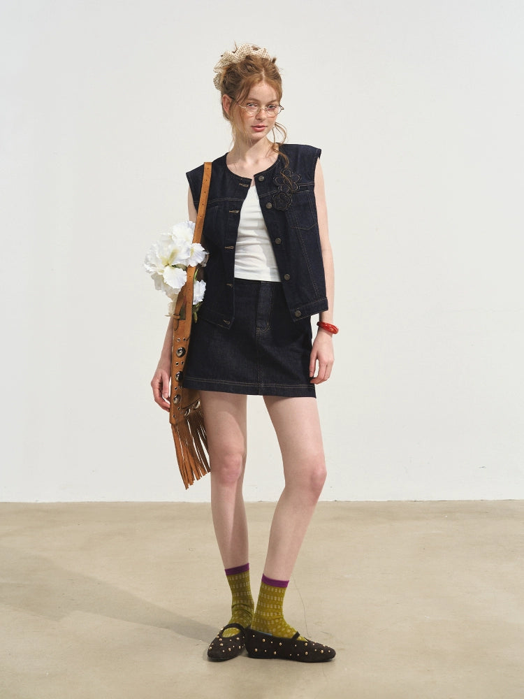 Layered Relaxed Denim Vest &amp; Skirt Set
