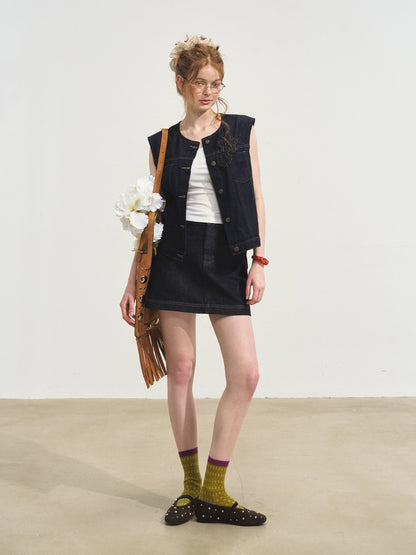 Layered Relaxed Denim Vest &amp; Skirt Set