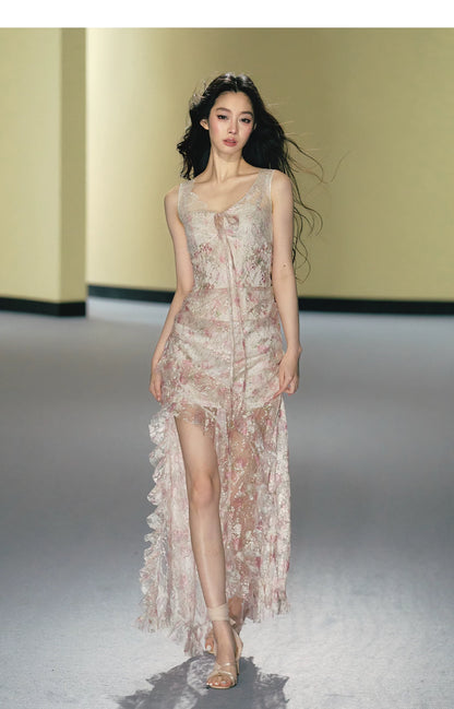 Misty Blush Lace-Panel Slip Maxi Dress