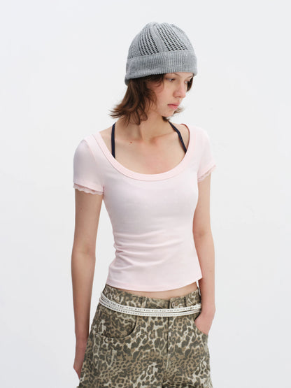 Lace Trim Scoop Neck Fitted Cotton T-Shirt