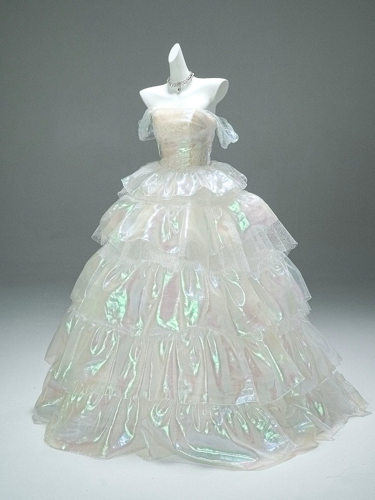 Iridescent Fructose-Sheen Tiered Couture Gown