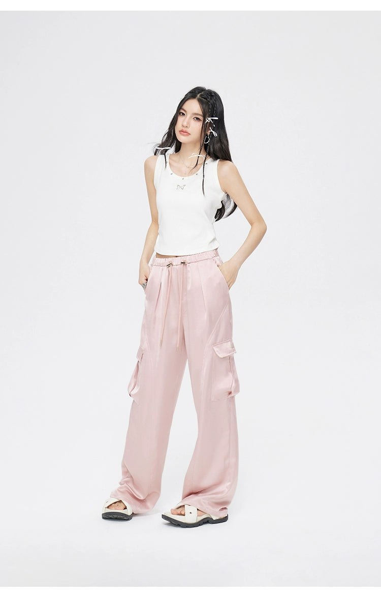 Pink &amp; White Silk Wide-Leg Pants