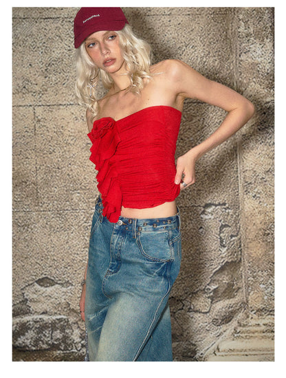 Red Floral Ruched Bandeau Crop T-shirt