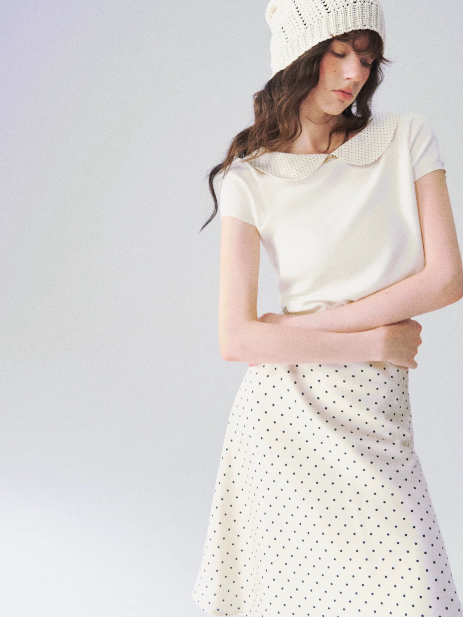 Peter Pan Collar Contrast Knit Short Sleeve Top