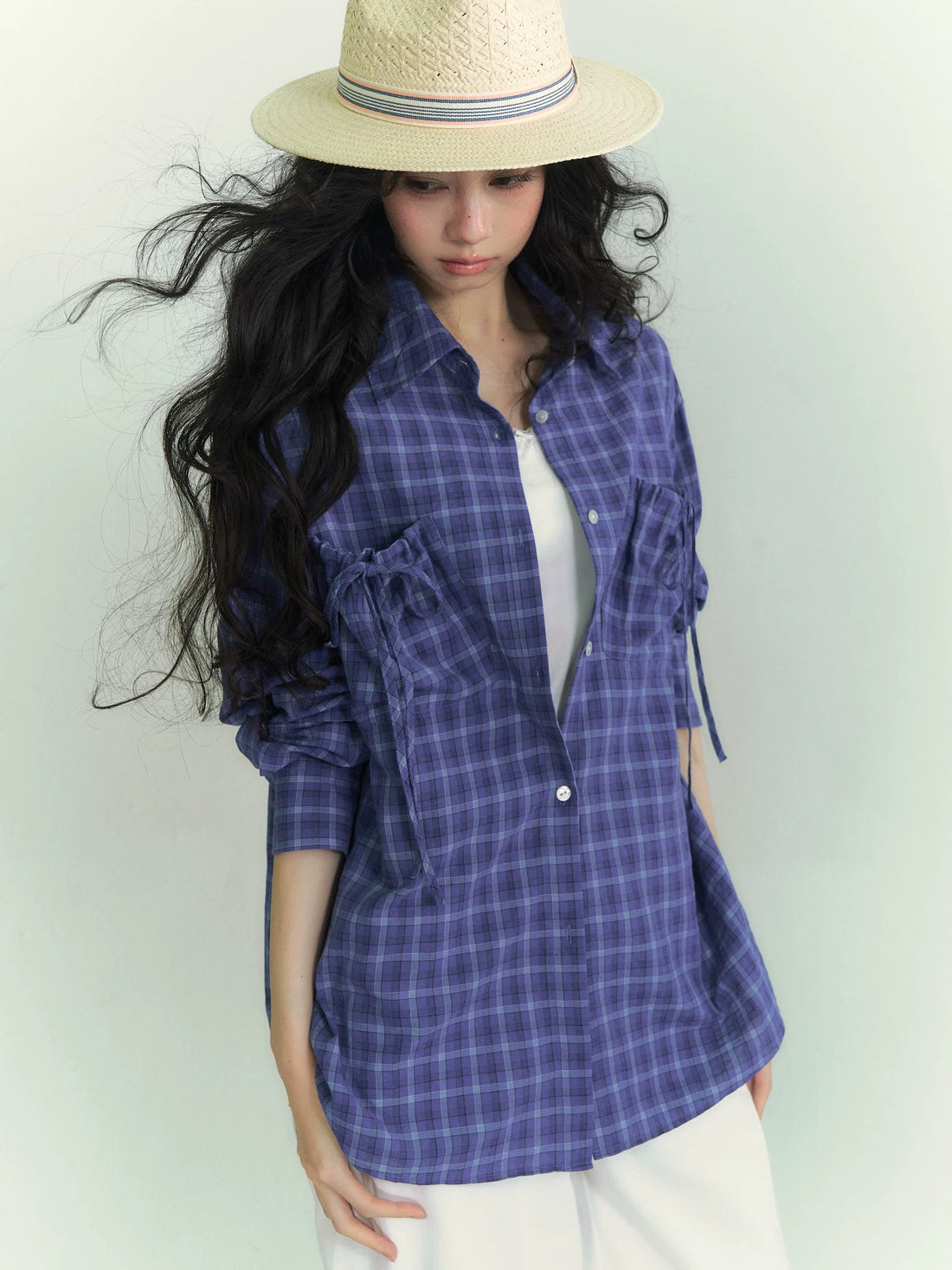 Drawstring Pocket Plaid Shirt