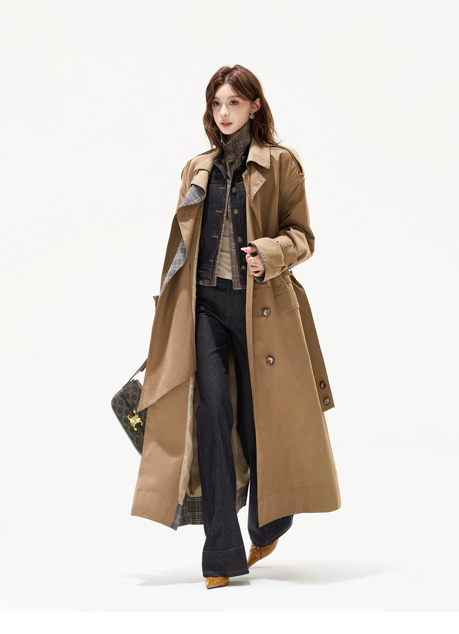 Double-Breasted Check-Panel Trench Coat