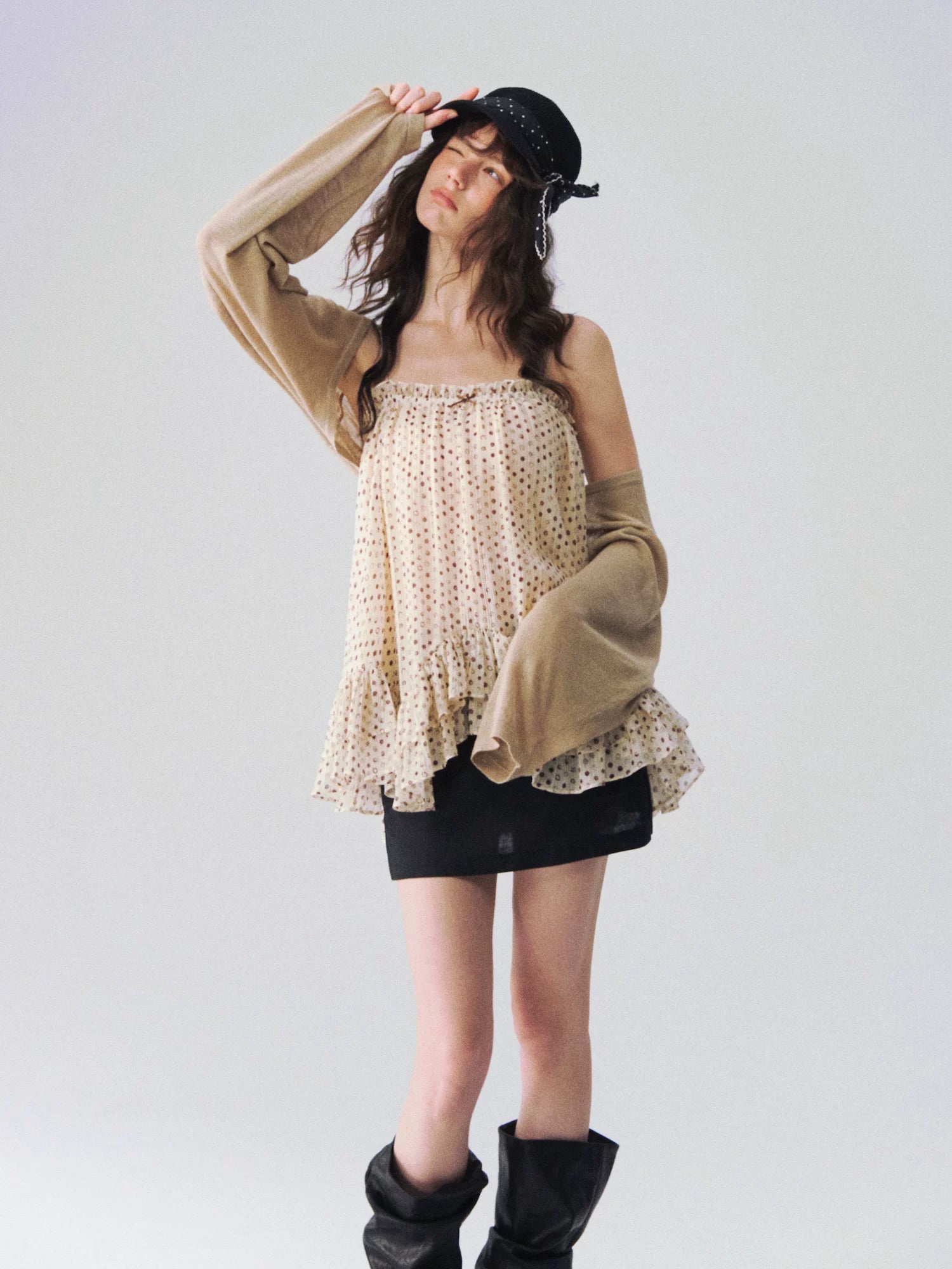 Sheer Polka Dot Asymmetric Ruffle Camisole