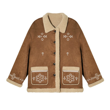 Heavy Embroidered Faux Shearling Suede Jacket