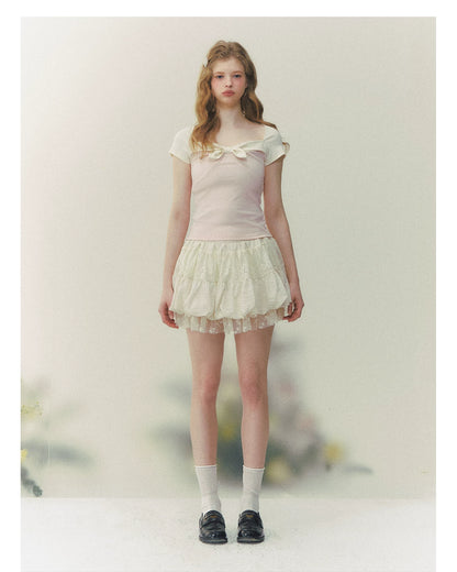 Contrast Bow Square-Neck Fitted Tee