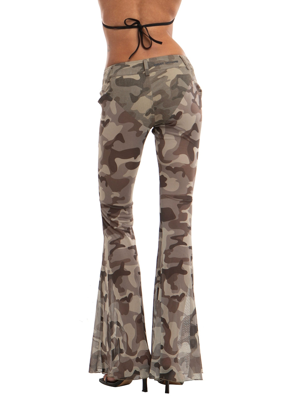 Camouflage Print Patchwork Mesh Flare Pants