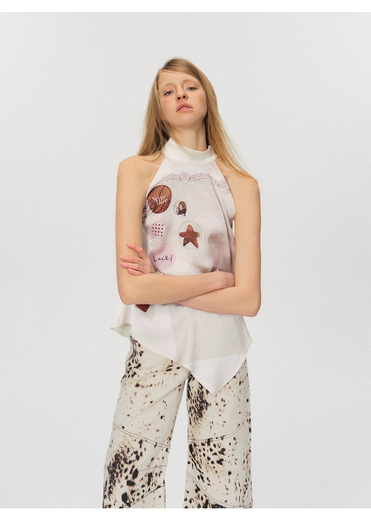 Vintage Printed Asymmetric Hem Halter Top