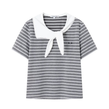 Tie-Neck Sailor Collar Striped Short Sleeve T-Shirt
