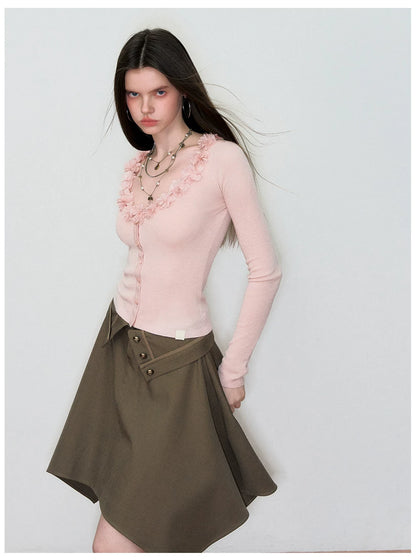 V-Neck Lace-Trim Fitted Knit Cardigan